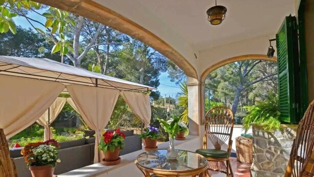 An outdoor patio with a covered seating area, potted plants, and a view of the surrounding greenery. - Villa 'Benestar' with Private Pool, Wi-Fi, and Air Conditioning (El Toro)