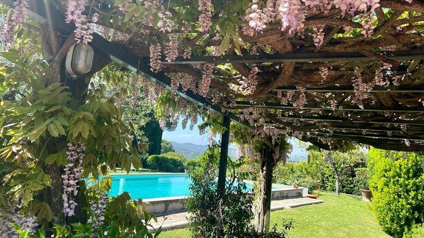 A garden with a pergola covered in purple flowers, a pool, and a view of the mountains. - VILLA GIOTTO, FLORENCE (Impruneta)
