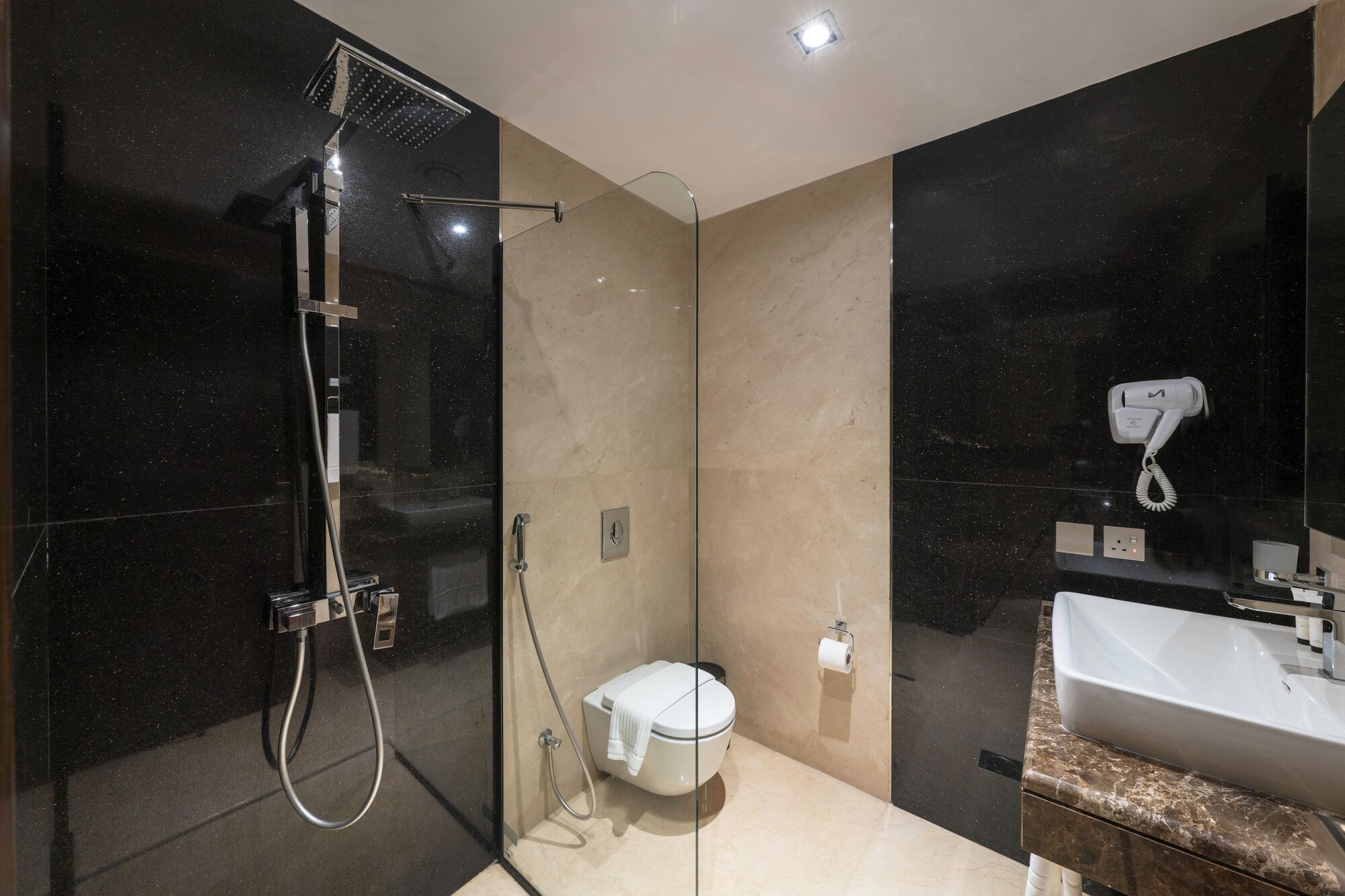 A modern bathroom with a glass-enclosed shower, a toilet, a hairdryer, and a sink.