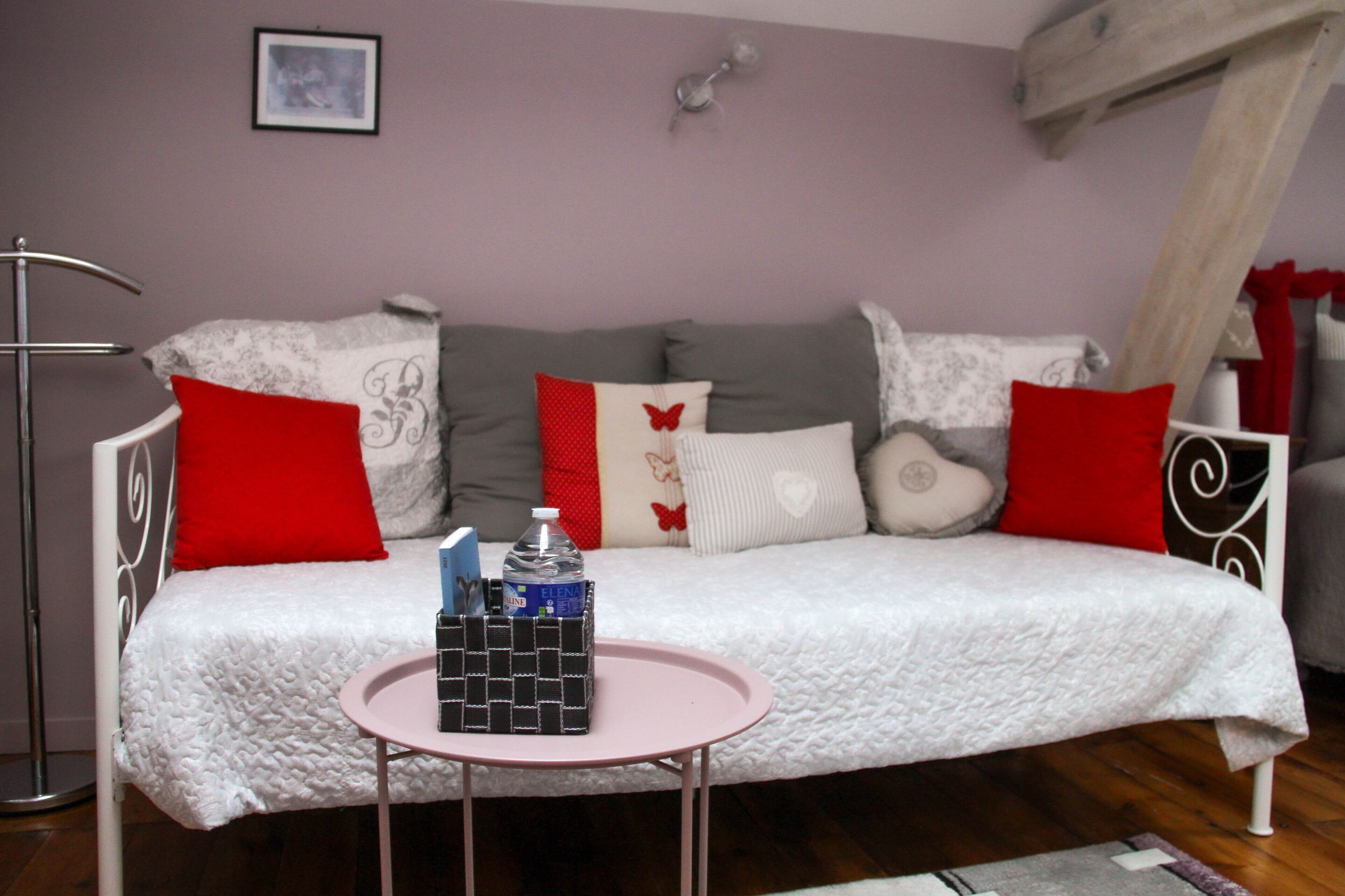 A room with a white sofa, red and grey pillows, a pink table with a water bottle, and a framed picture on the wall.