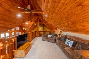 Smart TV, fireplace, books, stereo
