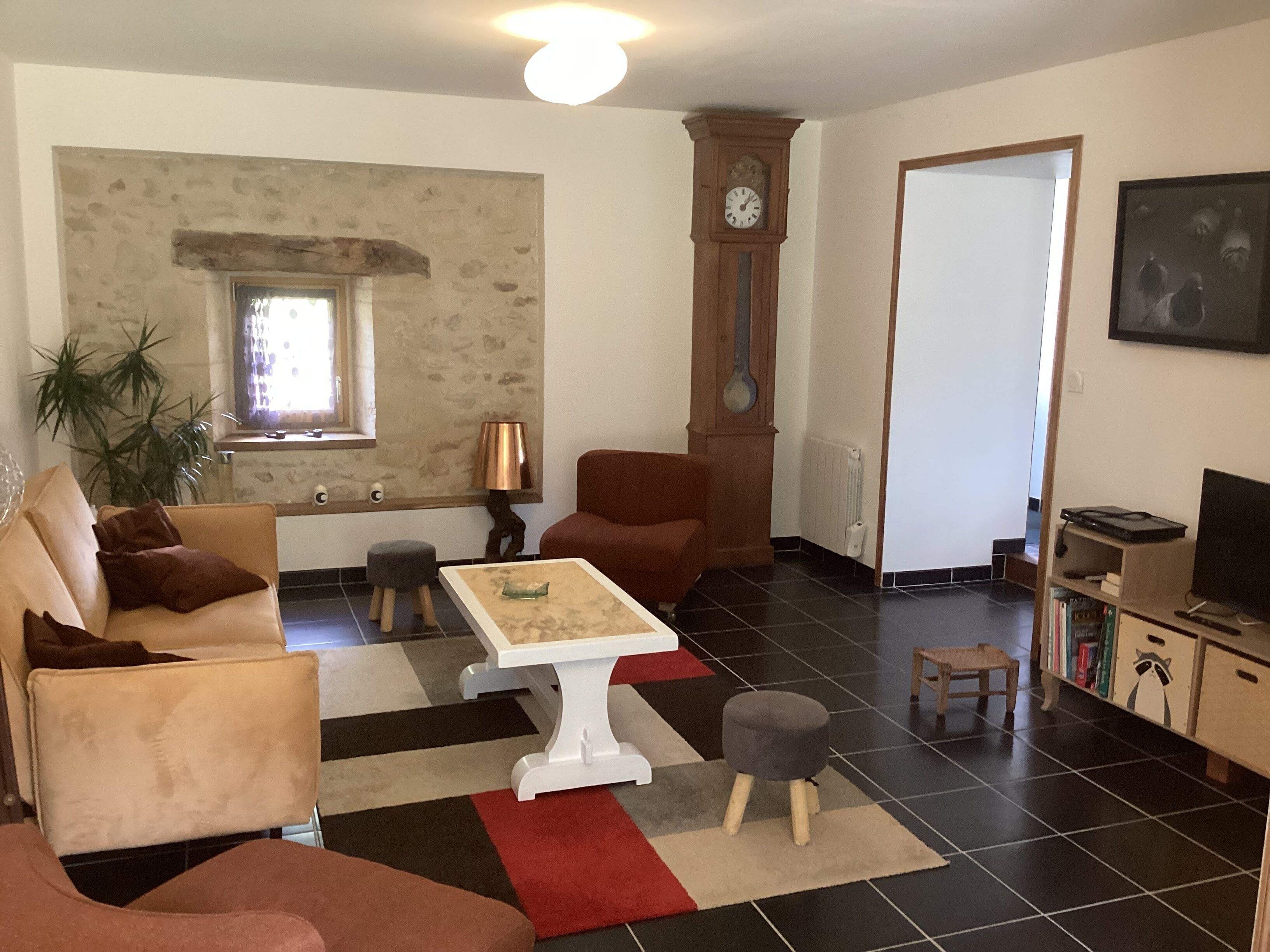 Televisio, DVD-soitin, pöytätennispöytä, kirjoja