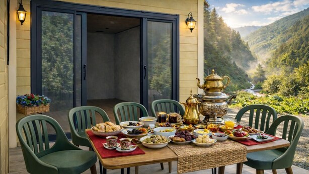 Mesa de comedor al aire libre con vista a un paisaje montañoso.