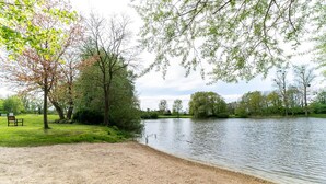 Un parque junto al lago con un banco, árboles y una superficie acuática tranquila.