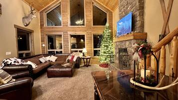 Smart TV, fireplace, video games, DVD player