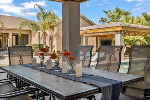Outdoor dining - Welcome to Paradise | Pool Table, Swim Up Bar, Htd Pool, Hot Tub, Casita! (Mesa)