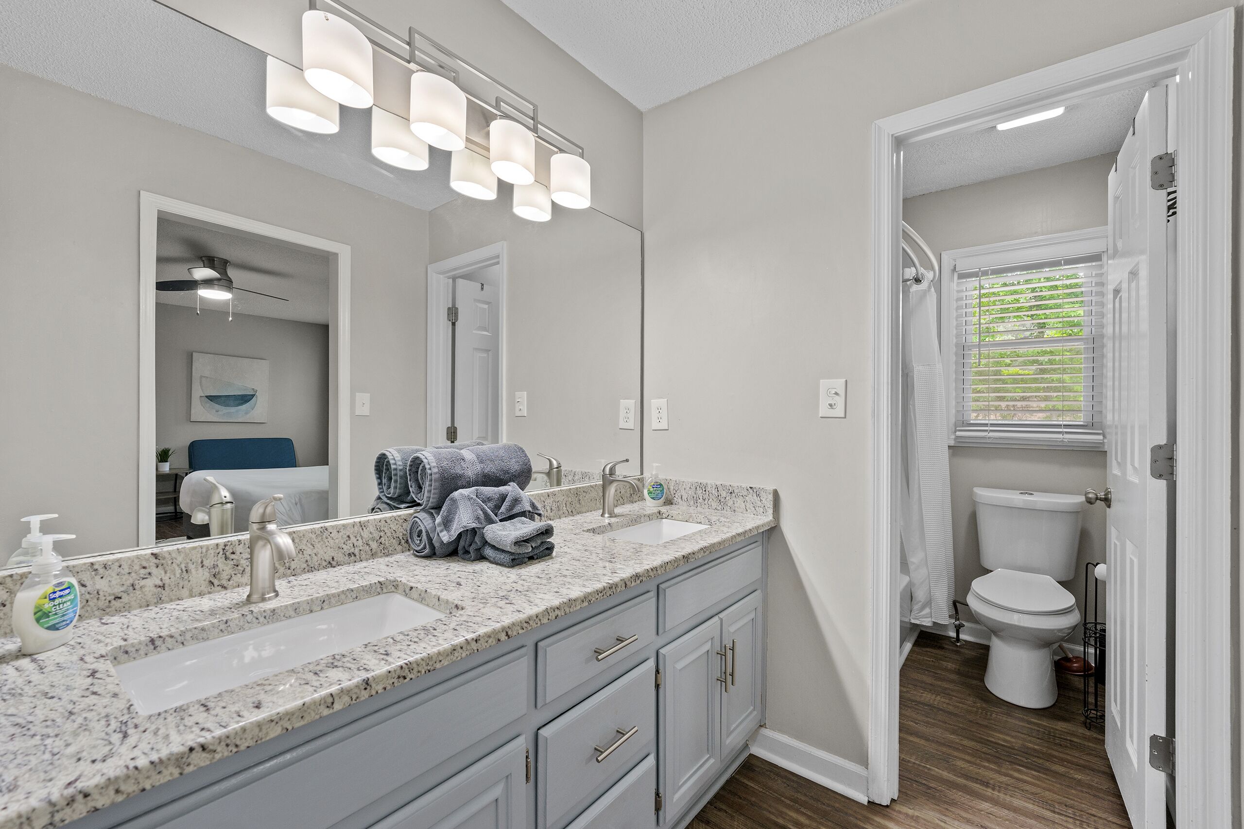 Hair dryer, towels, soap, toilet paper