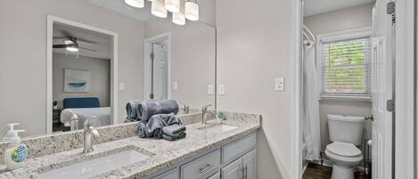 Hair dryer, towels, soap, toilet paper