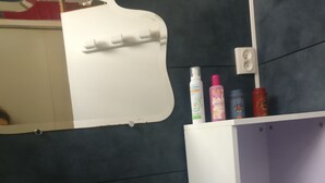 Ein Badezimmer mit weißem Waschbecken, einem Spiegel und einem Ablagefach für Pflegeprodukte.