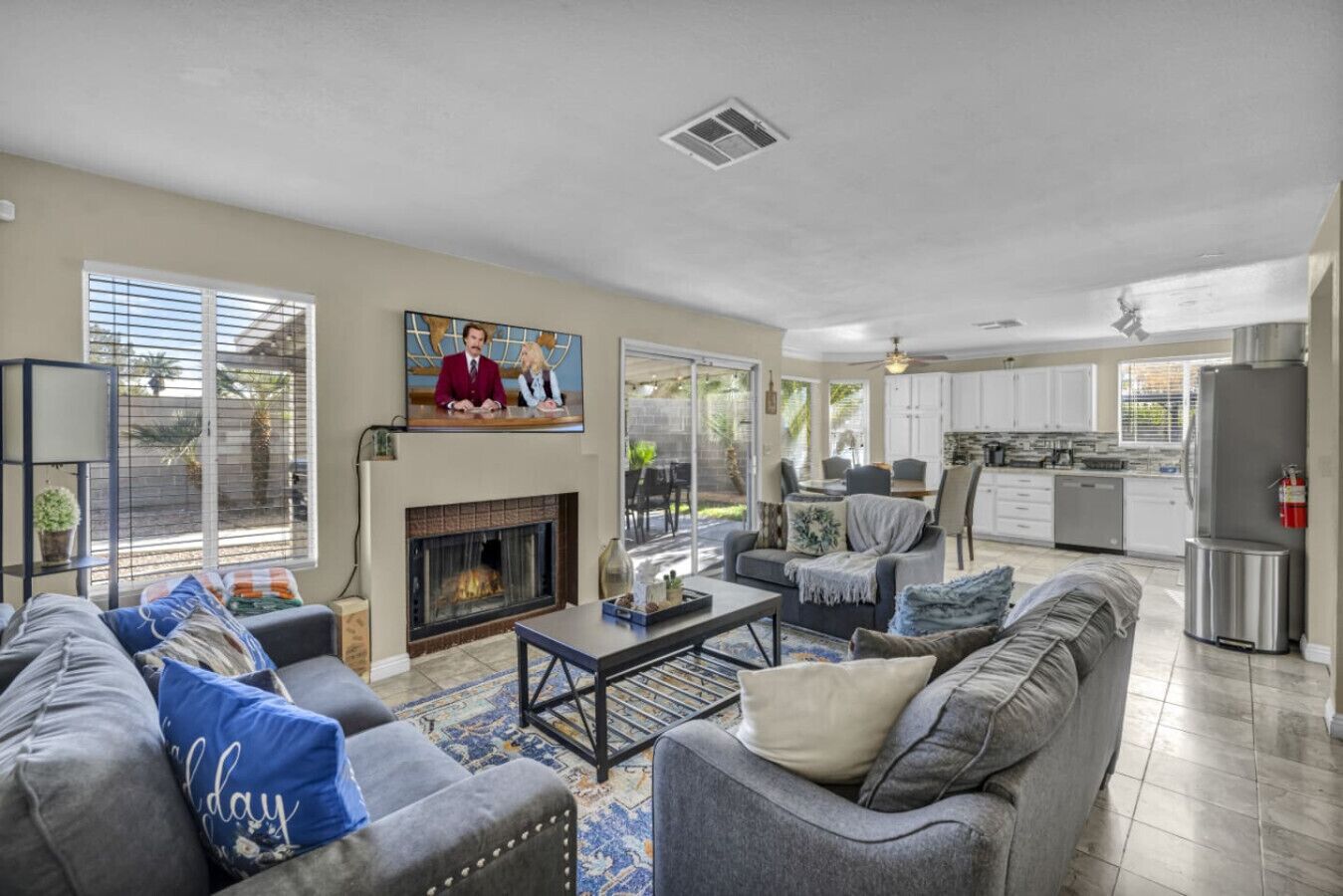 Smart TV, fireplace, video-game console, foosball