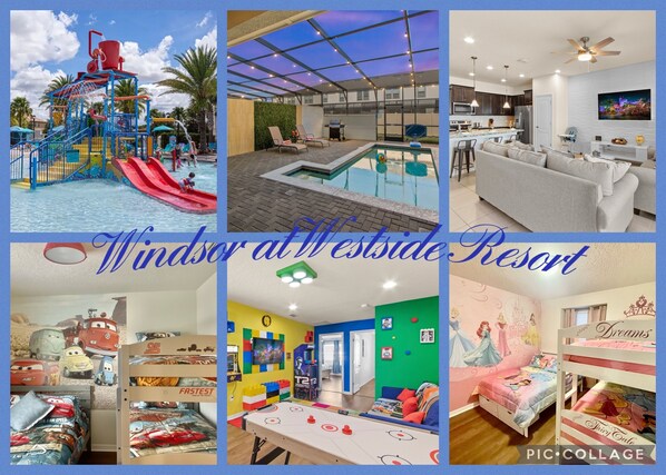 Un espace de jeux pour enfants avec des toboggans et une piscine, un salon moderne avec un téléviseur, un coin cuisine, une salle de jeux pour enfants avec des jouets et une chambre à coucher avec un lit sur le thème de Disney.