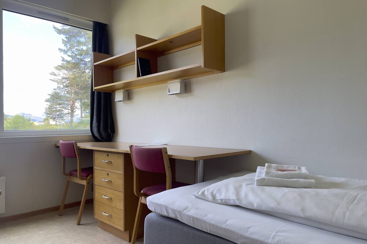 A bedroom with a bed, a desk, a chair, a dresser, and a window with a view of trees and houses.