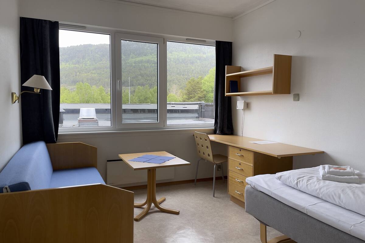 A room with a bed, a desk, a chair, a table, and a window with a view of greenery.