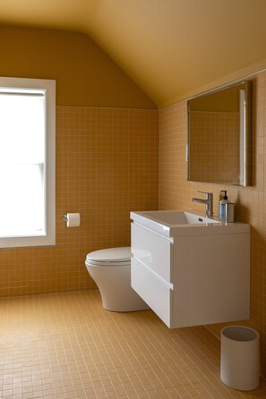 Hair dryer, towels, soap, toilet paper