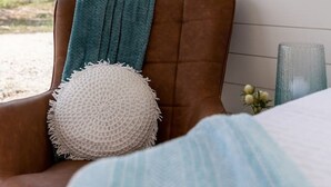 A room with a brown leather chair, a teal throw blanket, a white textured pillow, and a framed botanical print on the wall. - Container home | Roof Patio | Countryside Views (Fredericksburg)