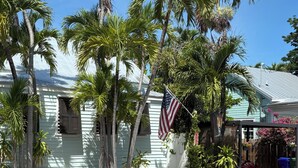 Une maison vert clair avec une clôture blanche, des palmiers et un drapeau américain.