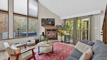 Télévision, cheminée, chaîne hi-fi, espaces bureaux