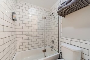 Hair dryer, towels, soap, shampoo