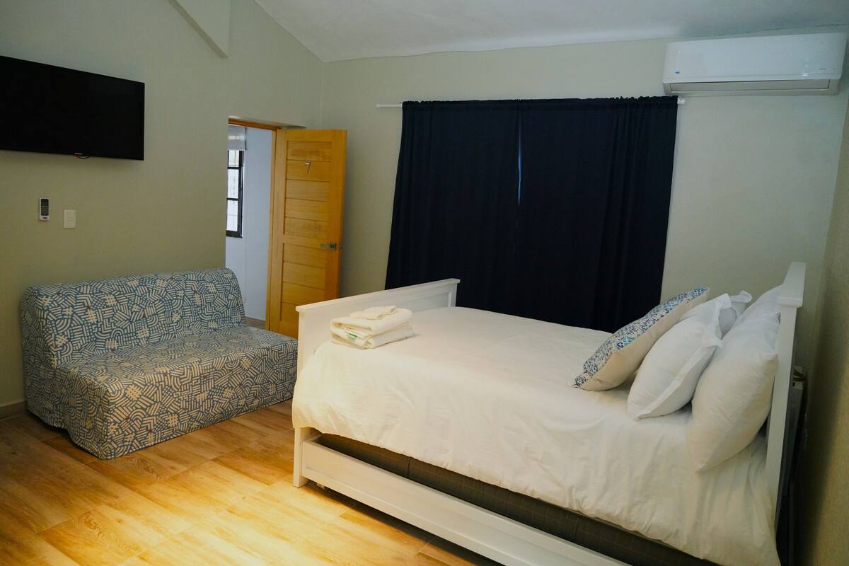Een slaapkamer met een bed, een bank, een televisie en een airconditioner.