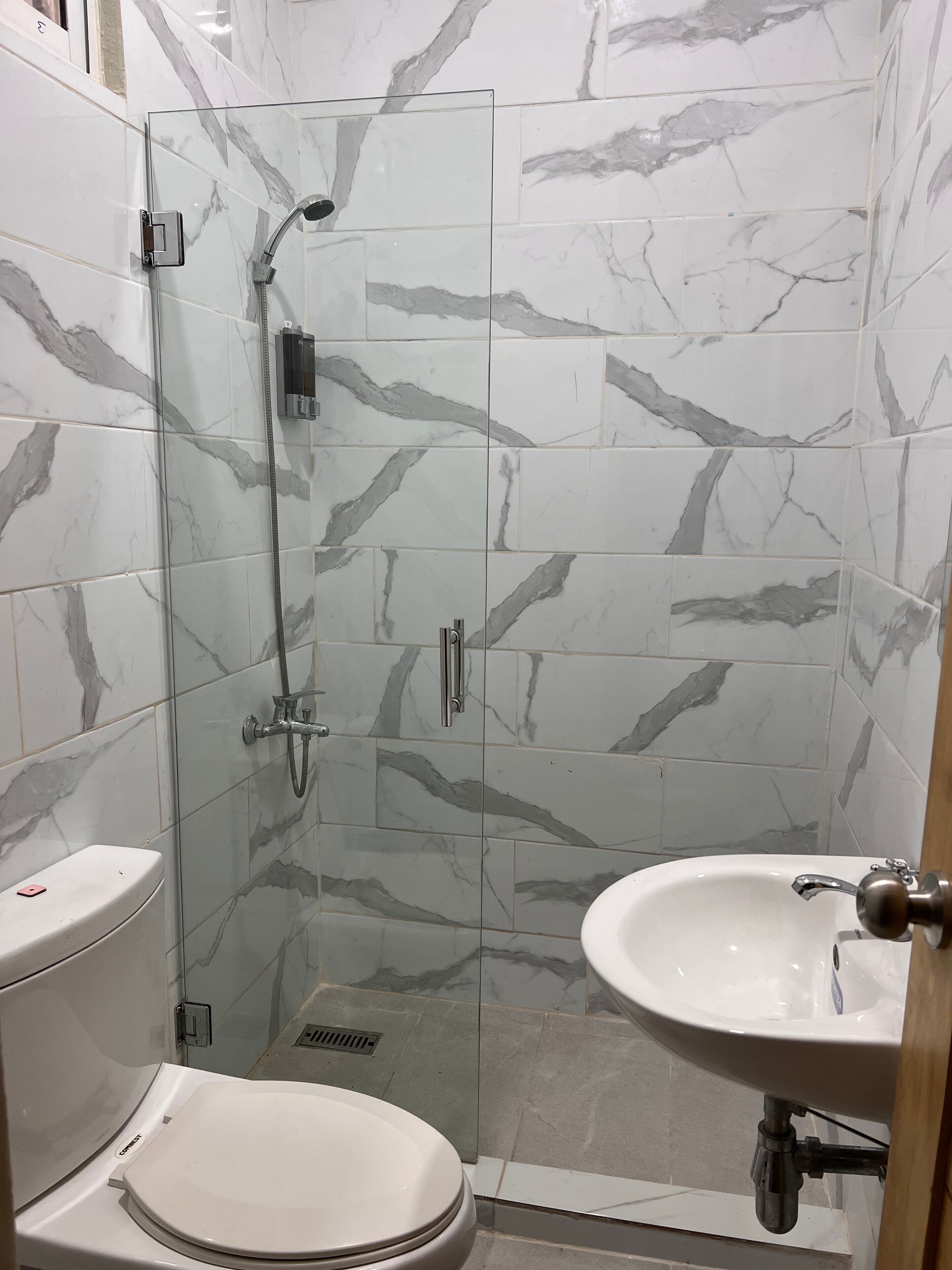 A bathroom with a toilet, a glass-enclosed shower with a handheld showerhead, and a sink with a mirror.