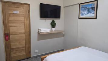 A hotel room with a wooden door, a flat-screen TV mounted on the wall, a small potted plant, a white towel on a shelf, and a framed picture on the wall.