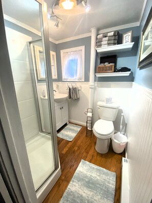 Shower, hair dryer, towels, soap