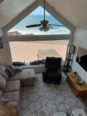 Smart TV, fireplace, books