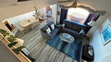 TV connectée, cheminée, livres
