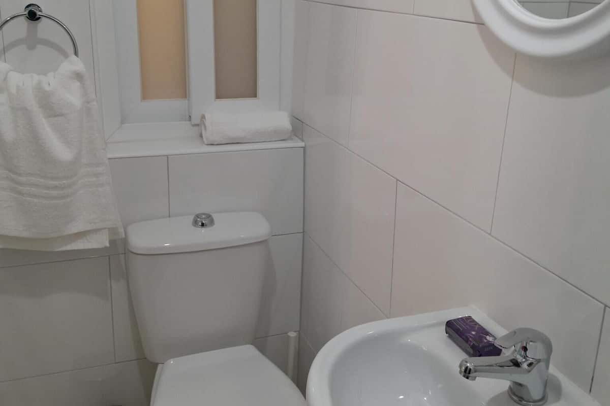 Een badkamer met toilet, wastafel en spiegel.