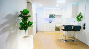 Fridge, oven, electric kettle, cookware/dishes/utensils