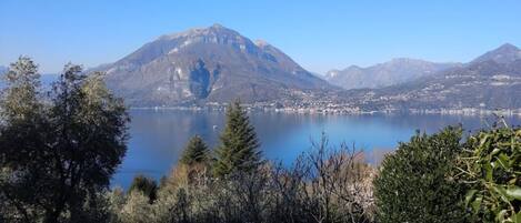 A mountain lake with a clear view of a town in the background.