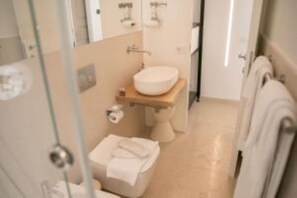 Shower, hair dryer, bidet, towels