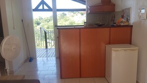 Eine Küche mit Kühlschrank, Ventilator und einem Fenster mit Blick auf einen Balkon.