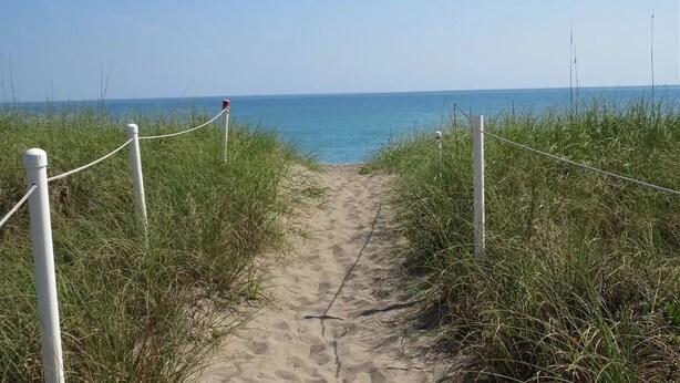 A sandy path leading to the beach, surrounded by grass and marked by white ropes. - Ocean Village South Floridas Premier Gated Ocean Front Resort with Pool and Golf (Hutchinson Island)