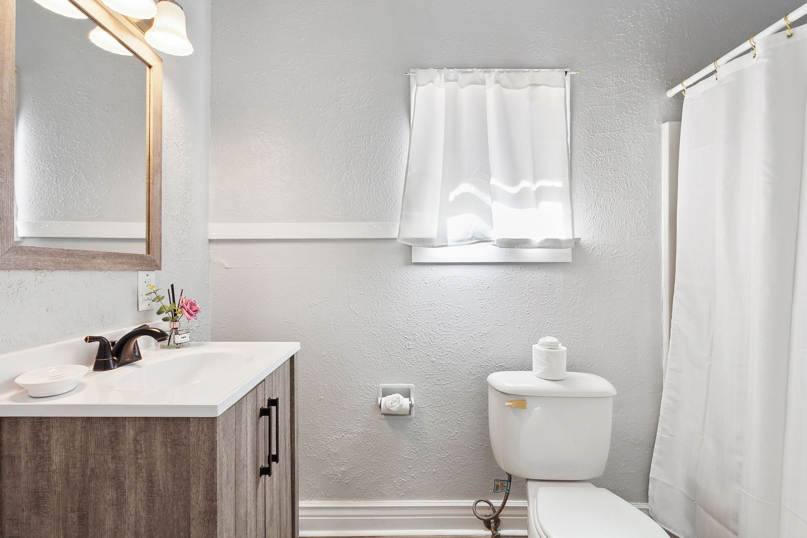 Hair dryer, towels, soap, shampoo