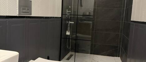 A modern bathroom with a toilet, a shower enclosure, and a sink.