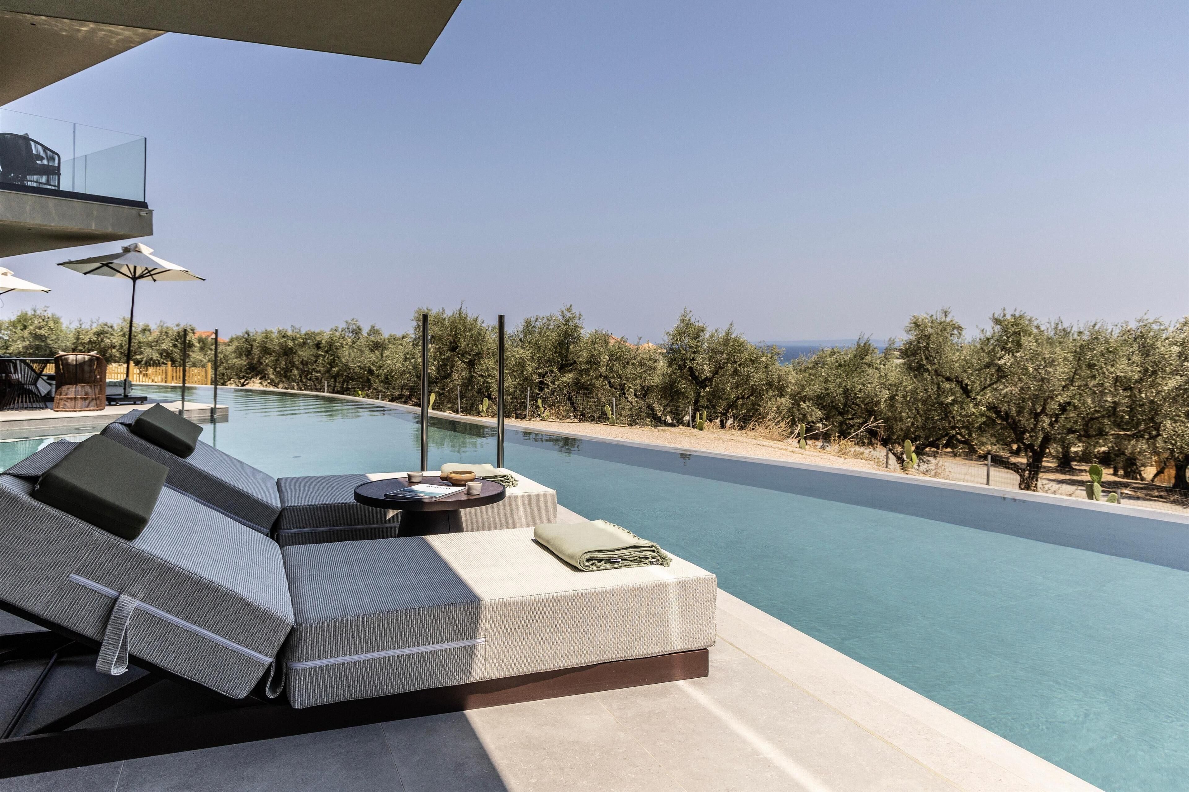 A modern outdoor pool area with lounge seating and umbrellas, surrounded by trees and a clear view of the landscape.