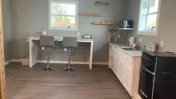 Fridge, microwave, coffee/tea maker, blender