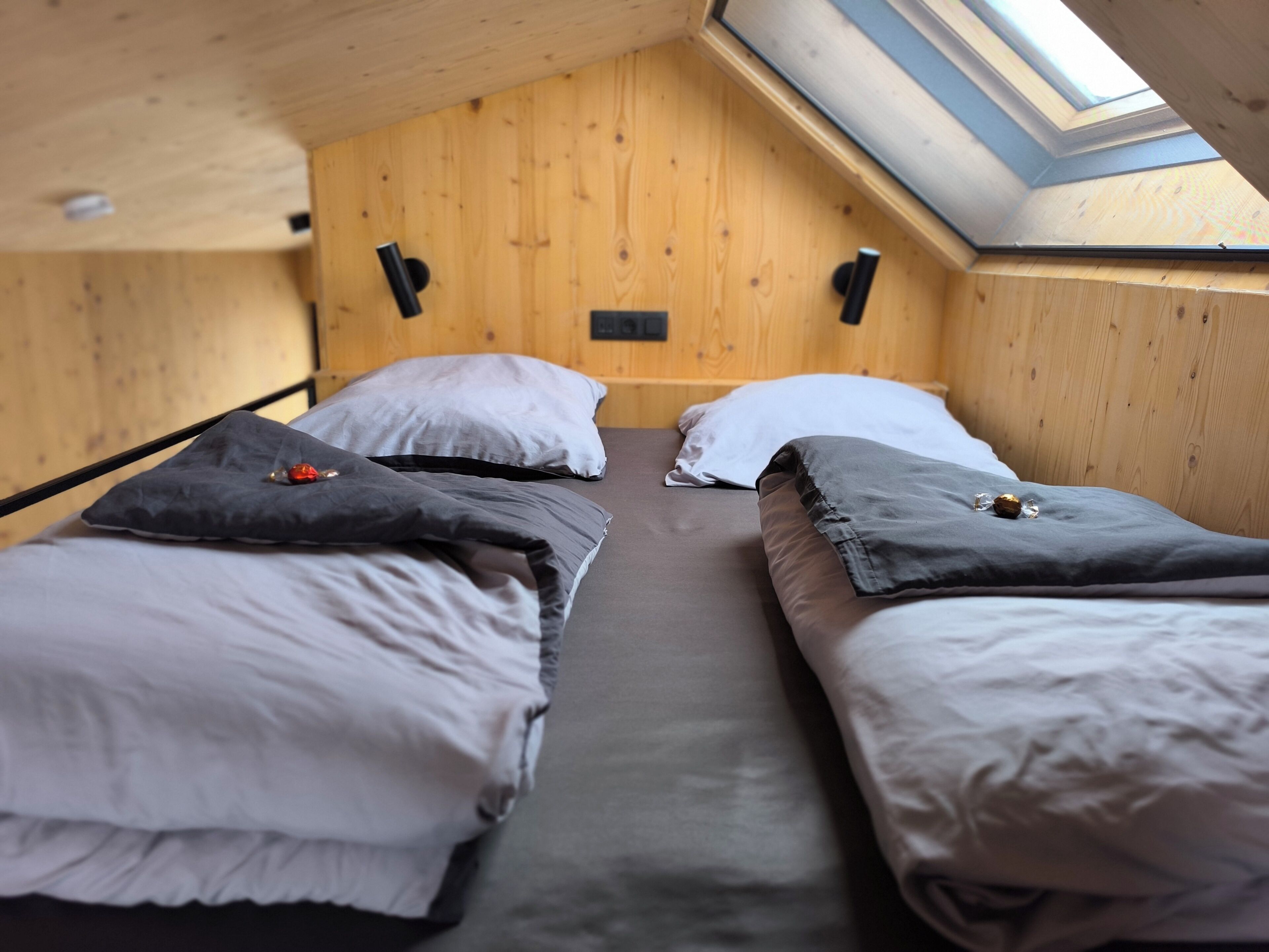 Une chambre avec deux lits, des murs en bois et une lucarne.