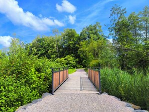 A pathway leading through a wooded area with a wooden fence on one side and a metal fence on the other.
