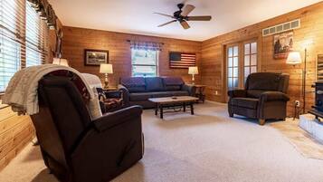 Télévision, cheminée, lecteur de DVD, livres