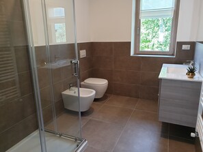 Shower, hair dryer, bidet, towels