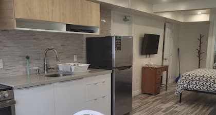 Cozy and modern bachelor suite with kitchenette and bath