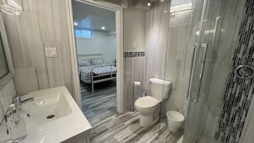 Hair dryer, towels, soap, toilet paper