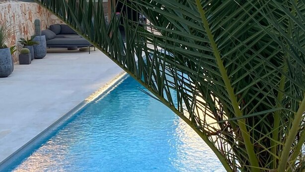 Una zona de piscina con un muro de piedra, un espacio de descanso con cojines y plantas en macetas.