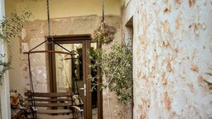 Una silla mecedora de madera colgada del techo, una puerta que da a una habitación y una planta en maceta al lado de la puerta.