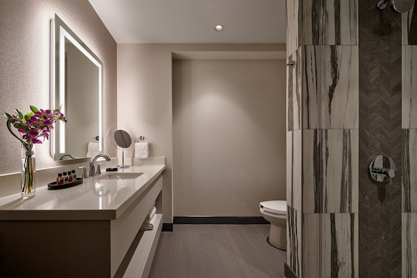 Shower, rainfall showerhead, free toiletries, hair dryer