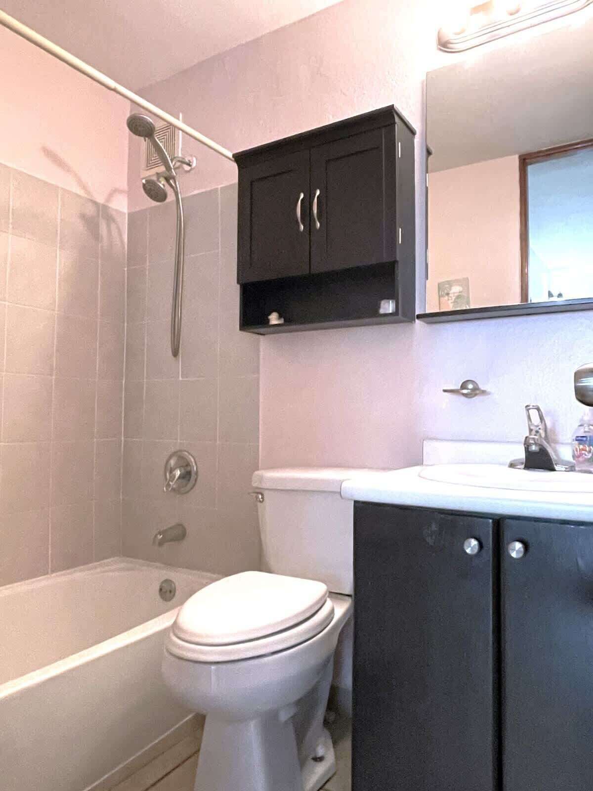 Bany amb banyera, vàter i un armari damunt del lavabo.