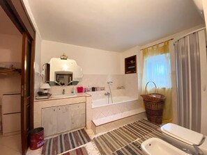 Hair dryer, towels, soap, toilet paper