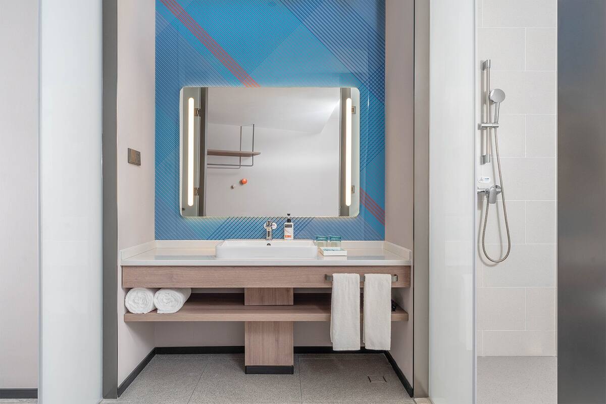 Une salle de bain moderne avec un grand miroir, un lavabo et une douche.